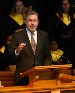 Hundreds of people attend a Memorial Service for Edwin G. Wilson at Wait Chapel on Friday, May 3, 2024. Edwin G. Wilson Jr. provides remarks during the memorial.