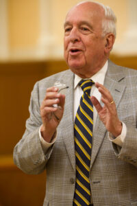 Wake Forest professor emeritus Edwin Wilson talks with alumni about the Scales admninistration during a Back to the Classroom event for Homecoming on Friday, October 8, 2010.