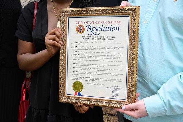 The City of Winston-Salem honored Wake Debate with a proclamation for winning the National Debate Tournament. Photo by Lyndsie Schlink