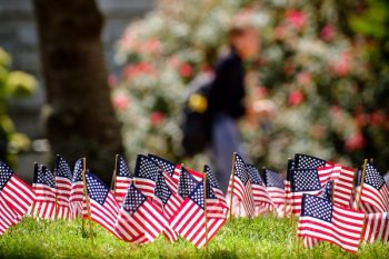 Tiny American flags decorate Tribble Plaza in honor of the 20th anniversary of 9/11, on the campus of Wake Forest University, Friday, September 10, 2021.