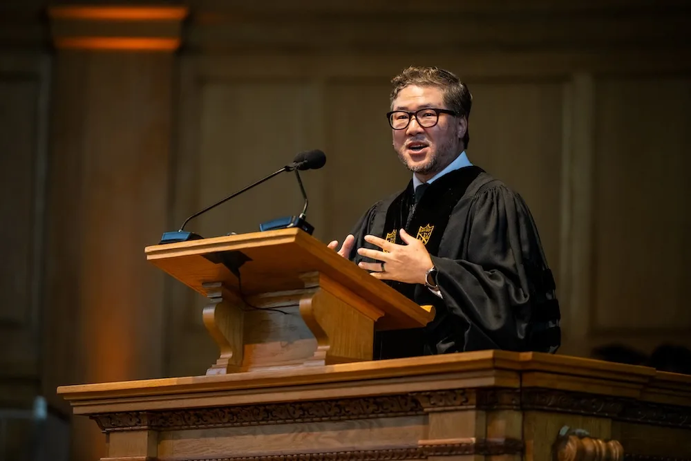 Wake Forest University faculty, staff, students, university leadership, family and friends attend the Baccalaureate Service at Wait Chapel on Sunday, May 17, 2026.Wake Forest University faculty, staff, students, university leadership, family and friends attend the Baccalaureate Service at Wait Chapel on Sunday, May 17, 2026. 



Reverend Eugene Cho Gives the Baccalaureate address at today’s event.