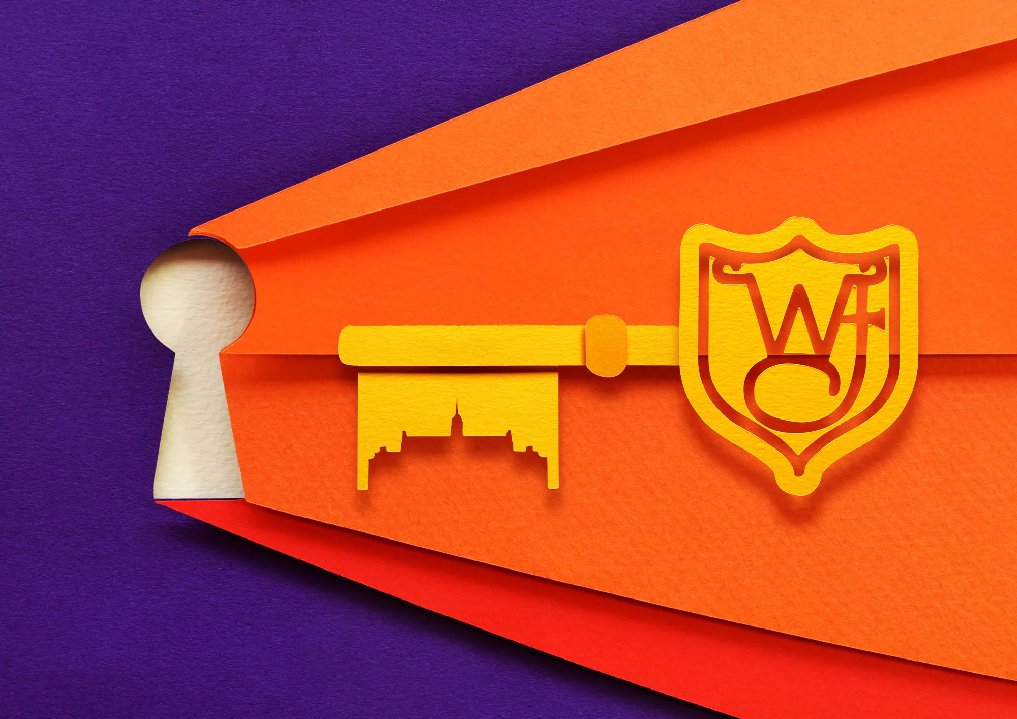 A key with the Wake Forest symbol opening a keyhole.