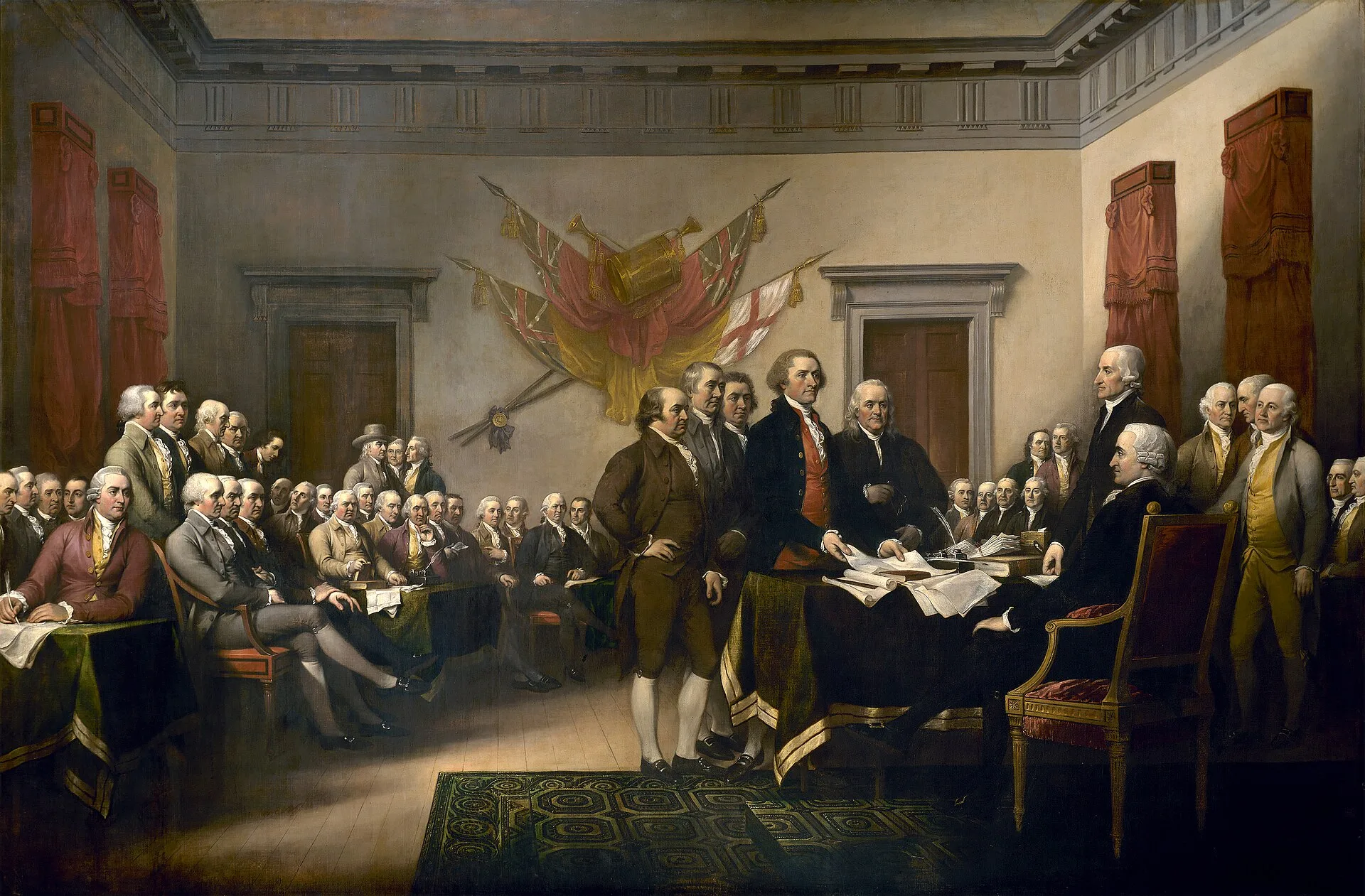 John Trumbull's painting, Declaration of Independence, depicting the five-man drafting committee of the Declaration of Independence presenting their work to the Congress.