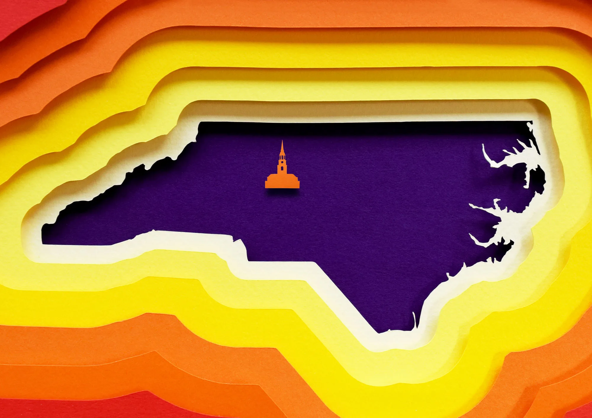 An illustration of a map of North Carolina, where only the bell tower at Wait Chapel can be seen (as a symbol).