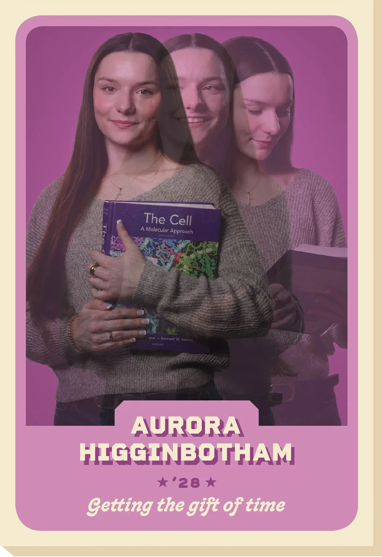 A trading card of Aurora Higginbotham holding and reading a biology textbook on cells.