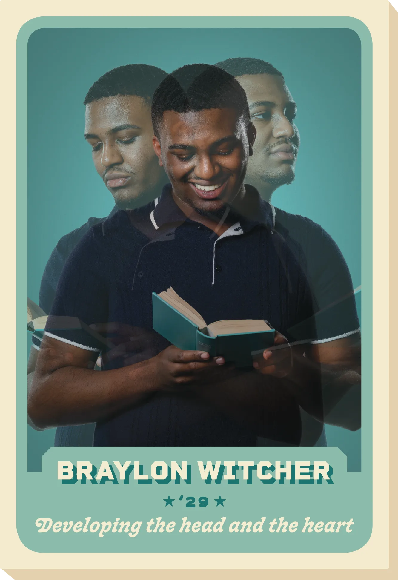 A trading card of Braylon Witcher opening and reading a book.