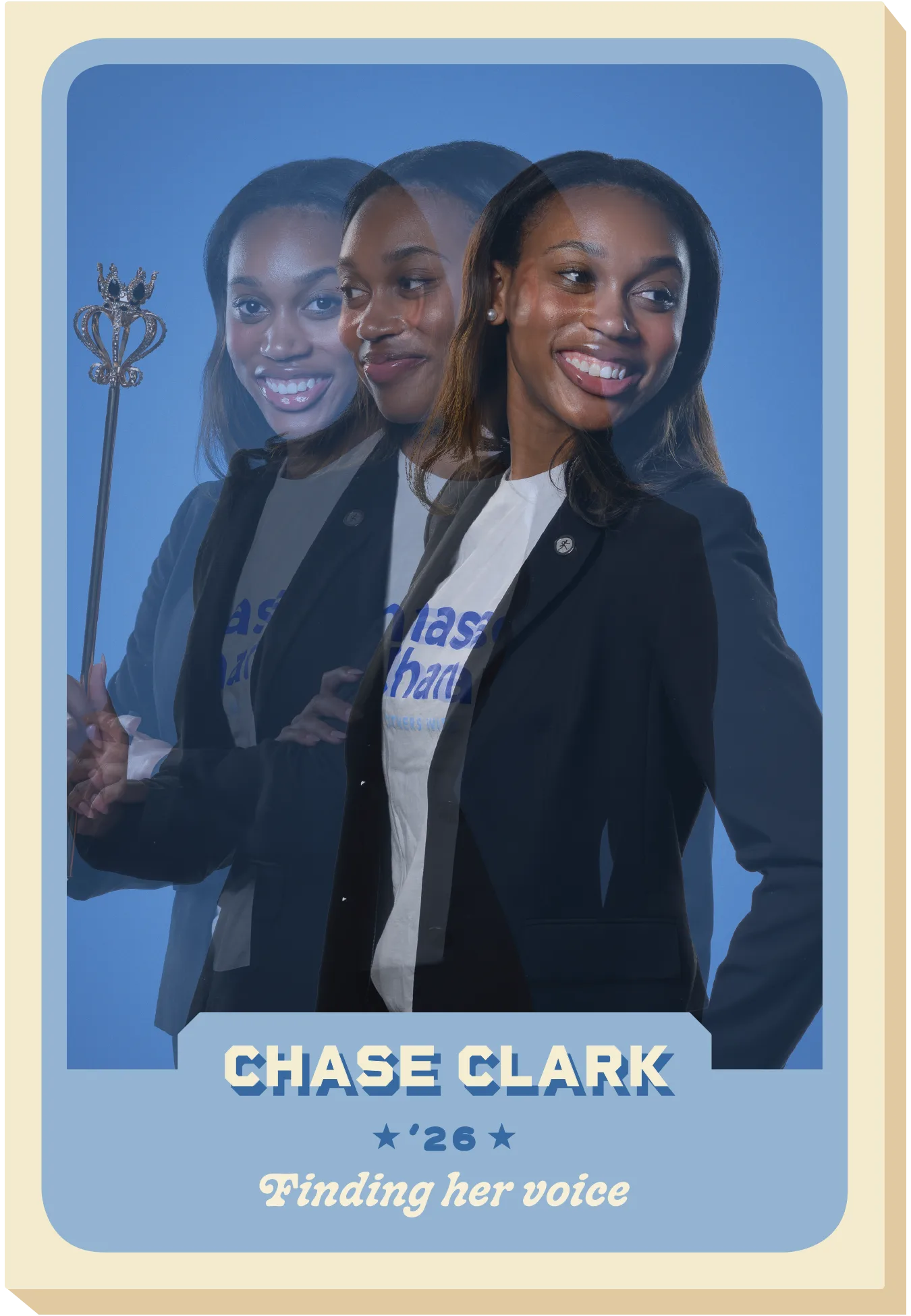 A trading card of Chase Clark with a scepter in her hand.