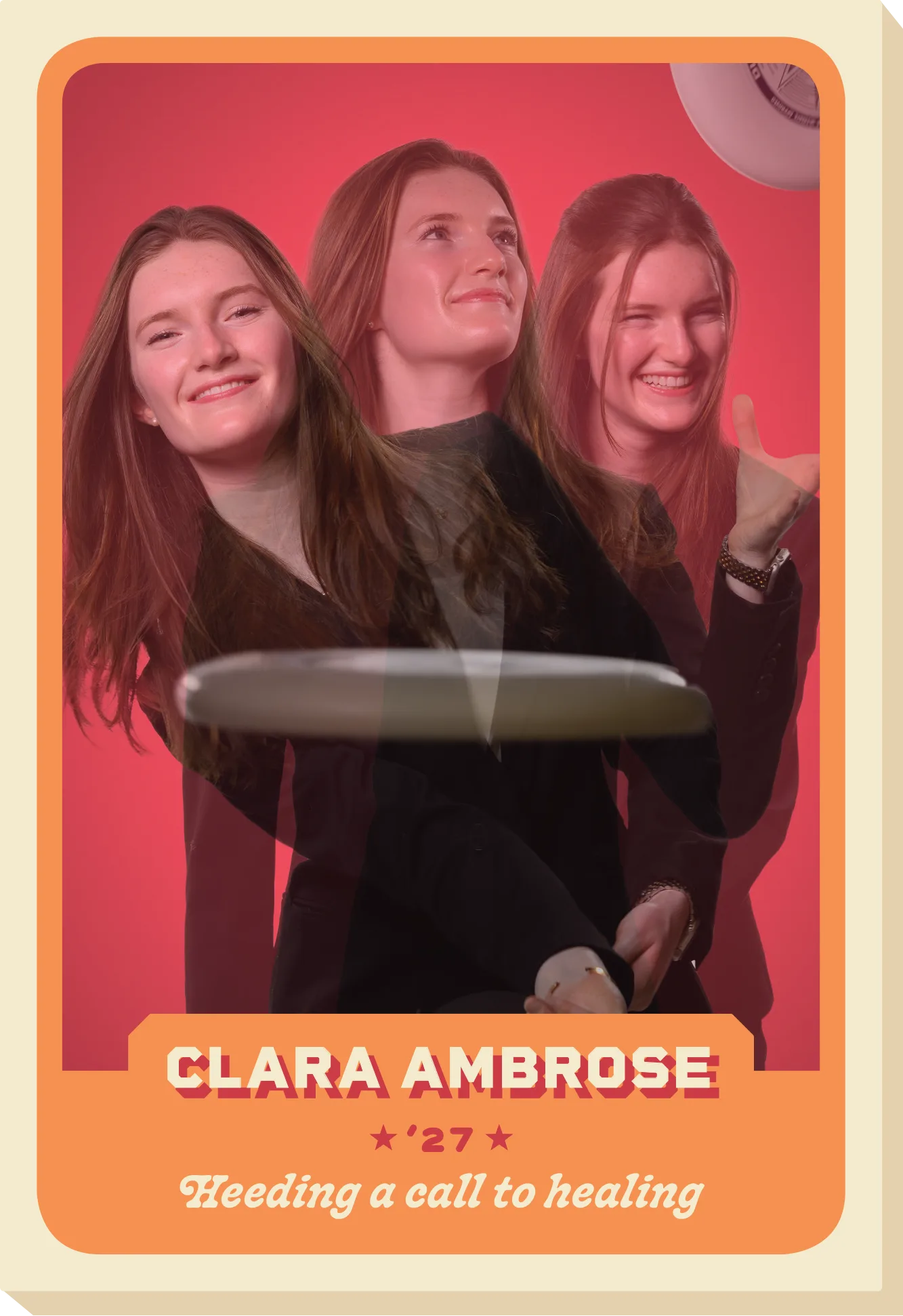 A trading card of Clara Ambrose throwing a hat into the air.