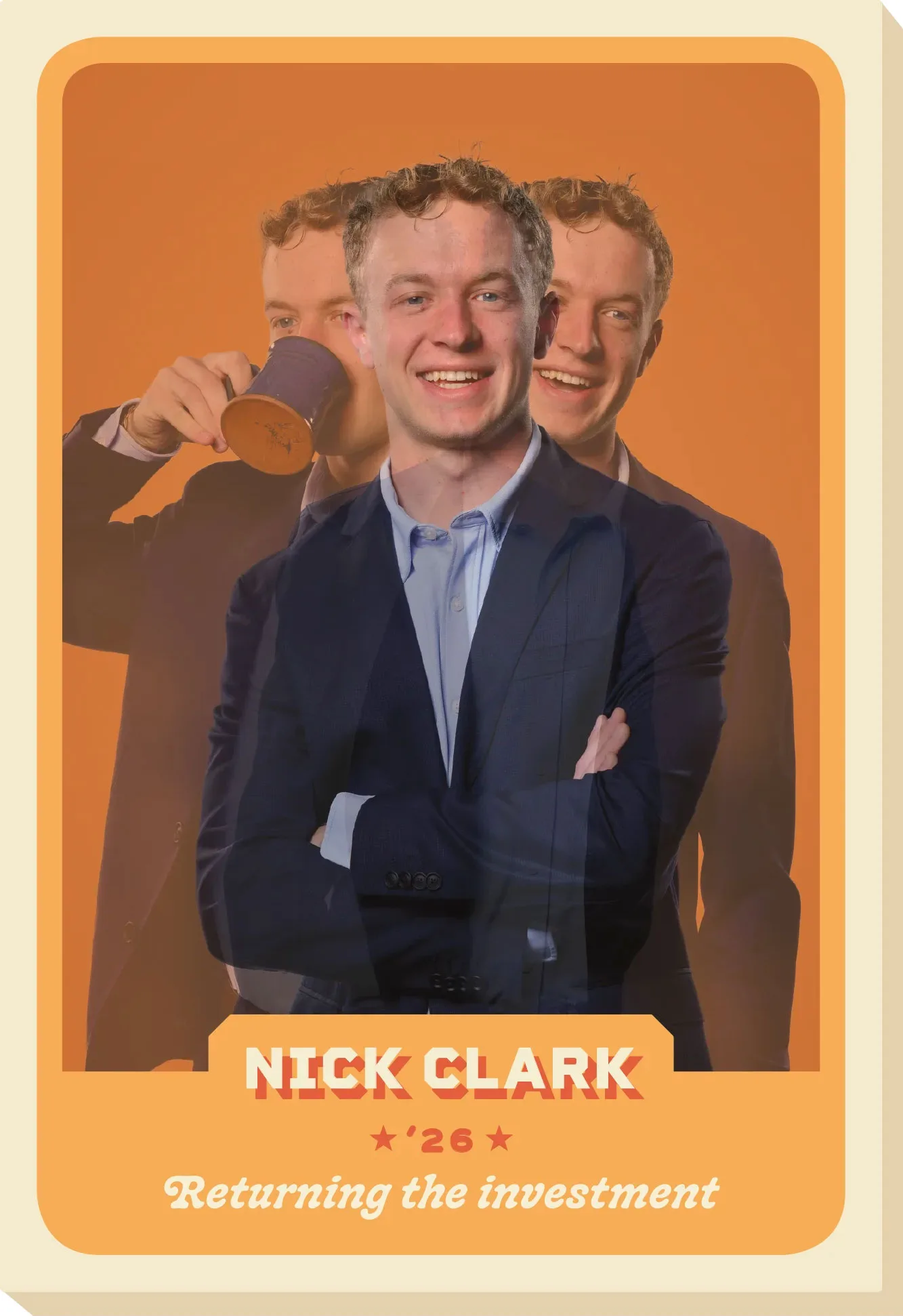 A trading card of Nick Clark holding a cup of coffee.