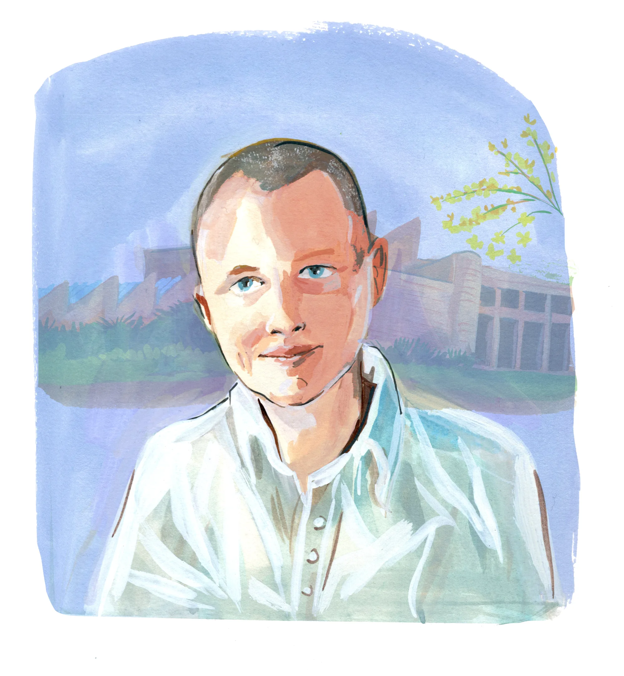 An illustration of Robert Cox (’09) by Jenny Kroik.