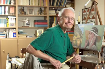 Retired Wake Forest communication professor Julian Burroughs in the art studio in the basement of his Faculty Drive home.

©2004 Wake Forest University Office of Creative Services. Photo by Ken Bennett. All Rights Reserved. Contact: 336-758-5379.