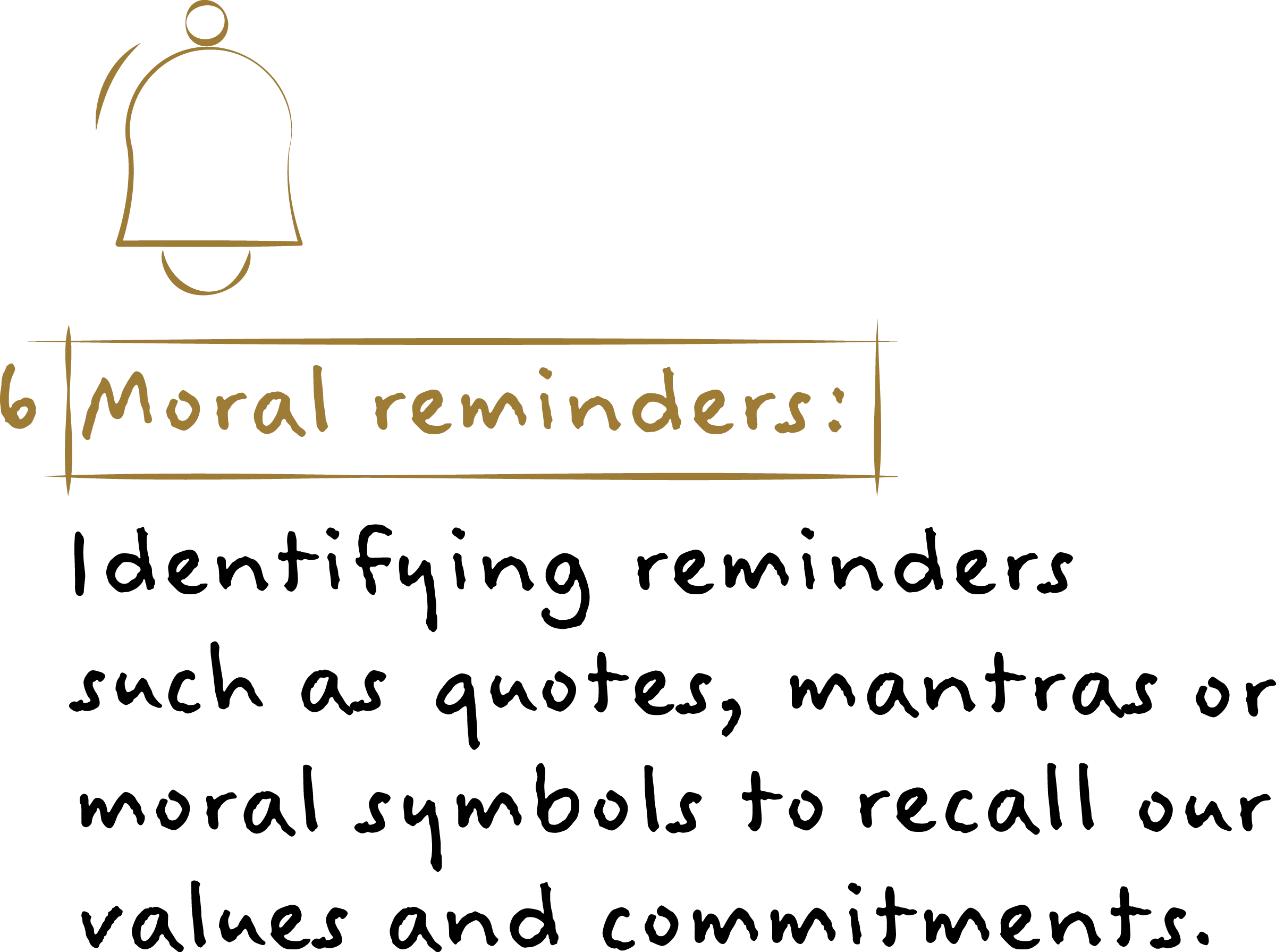 6. Moral reminders: Identifying reminders such as quotes, mantras and moral symbols to recall our values and commitments.