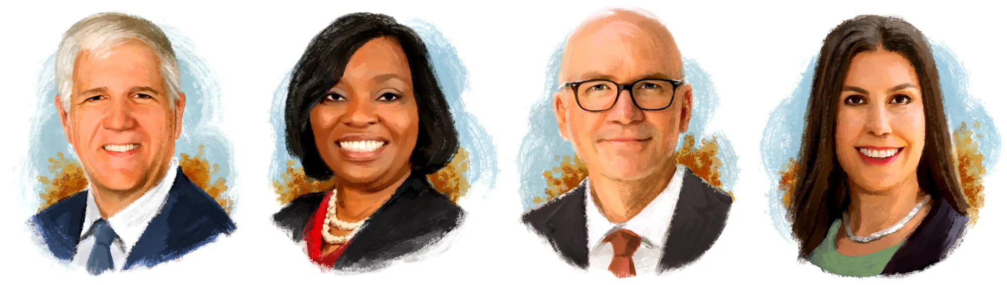 Composite image of Ed Bonahue (’87), President, Suffolk County (N.Y.) Community College; Bonita (Hairston) Brown (’94, JD ’97), Chancellor, Winston-Salem State University; Peter Mohler (’95), President, The University of Alabama; Rachel Davis Mersey (’00), Executive Vice President and Provost, Southern Methodist University. ILLUSTRATIONS BY MONA EING & MICHAEL MEISSNER