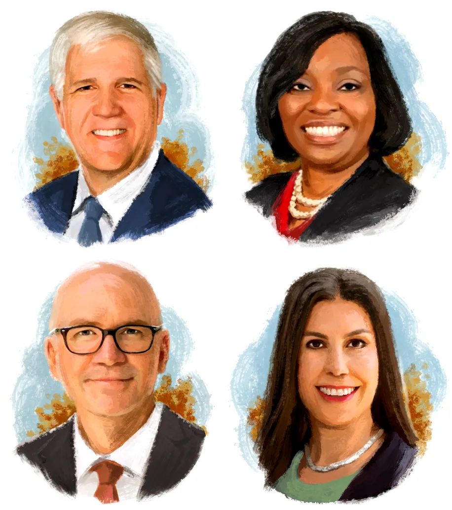 Composite image of Ed Bonahue (’87), President, Suffolk County (N.Y.) Community College; Bonita (Hairston) Brown (’94, JD ’97), Chancellor, Winston-Salem State University; Peter Mohler (’95), President, The University of Alabama; Rachel Davis Mersey (’00), Executive Vice President and Provost, Southern Methodist University. ILLUSTRATIONS BY MONA EING & MICHAEL MEISSNER