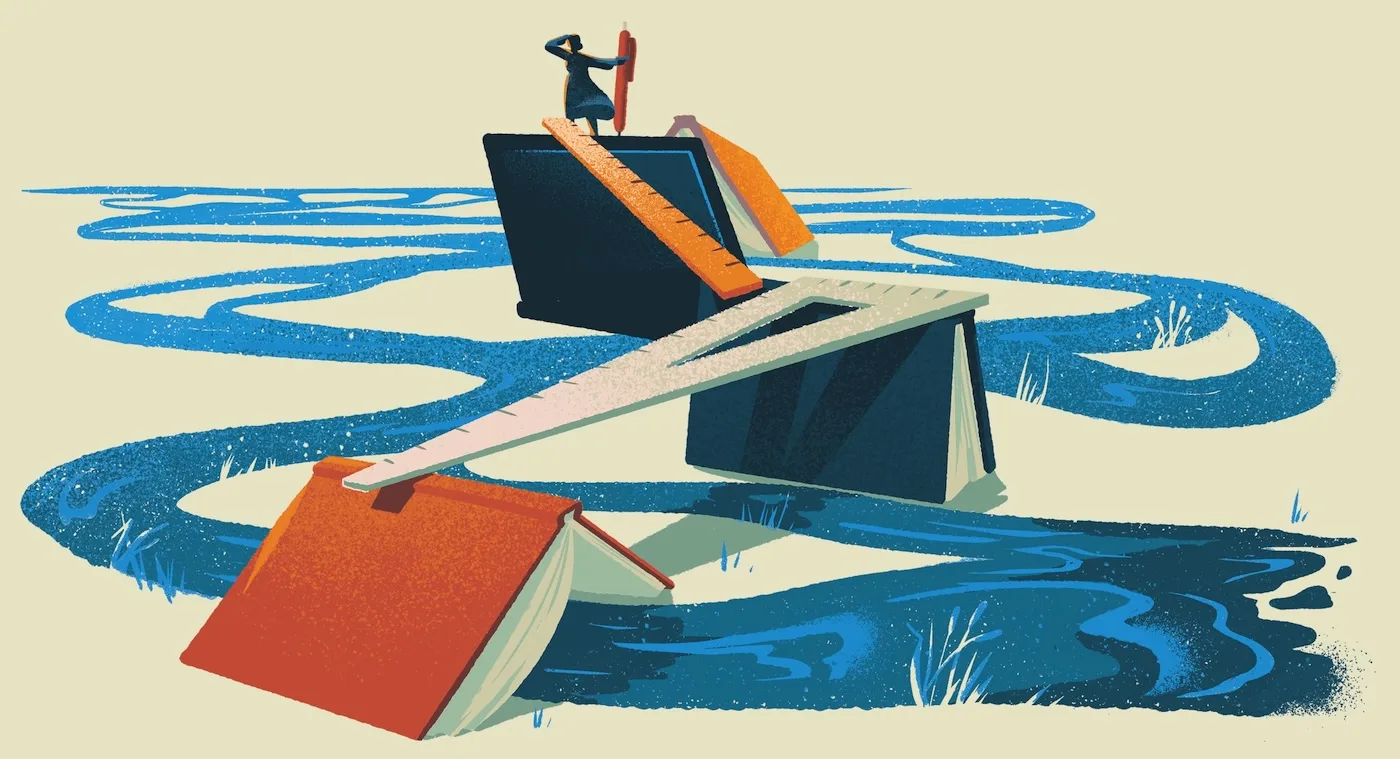 Illustrations of books as a bridge around a stream