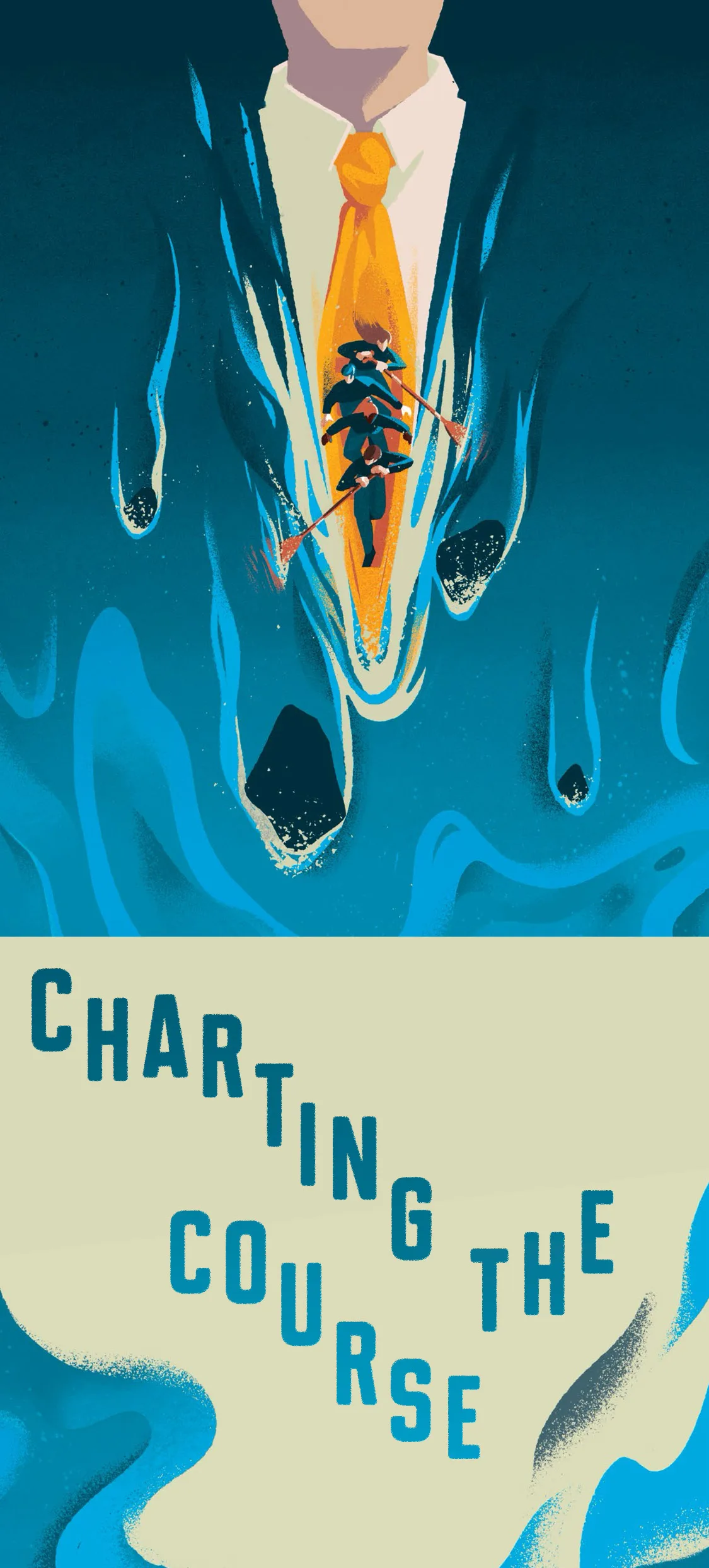 Charting the Course headline with an illustration of rowers on a figure with a suit and tie