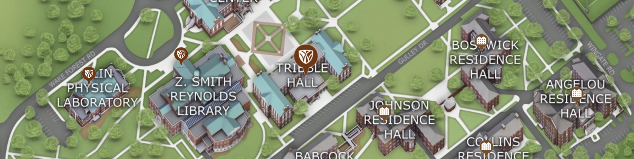section of the WFU campus map showing Tribble Hall, with a map pin