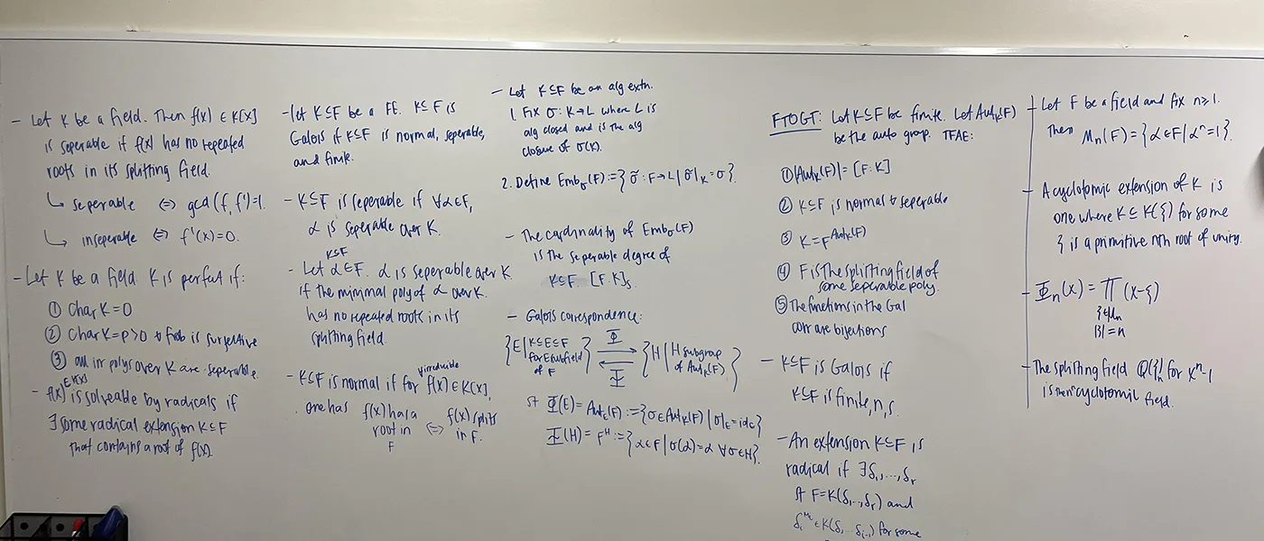 Markerboard with Galois theory notes written on it