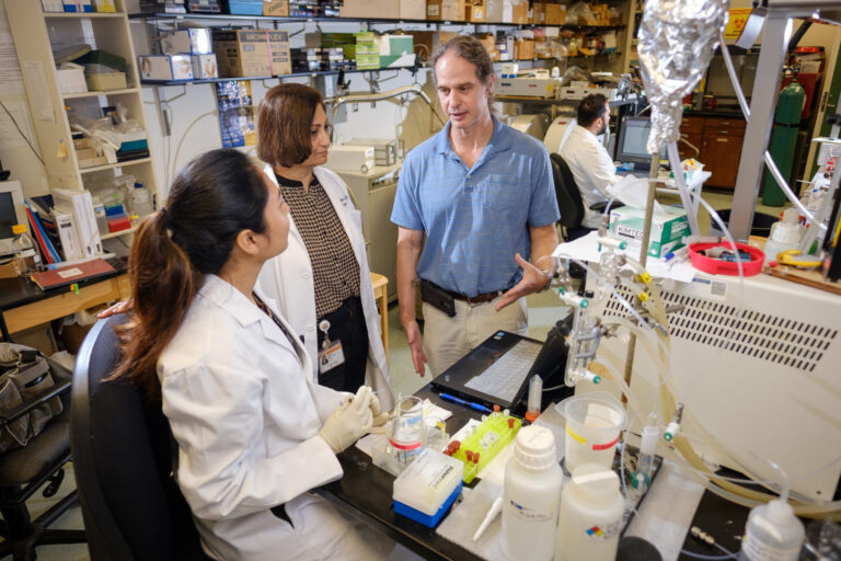 Professor Kim-Shapiro and collaborators performing biophysics experiments in their laboratory