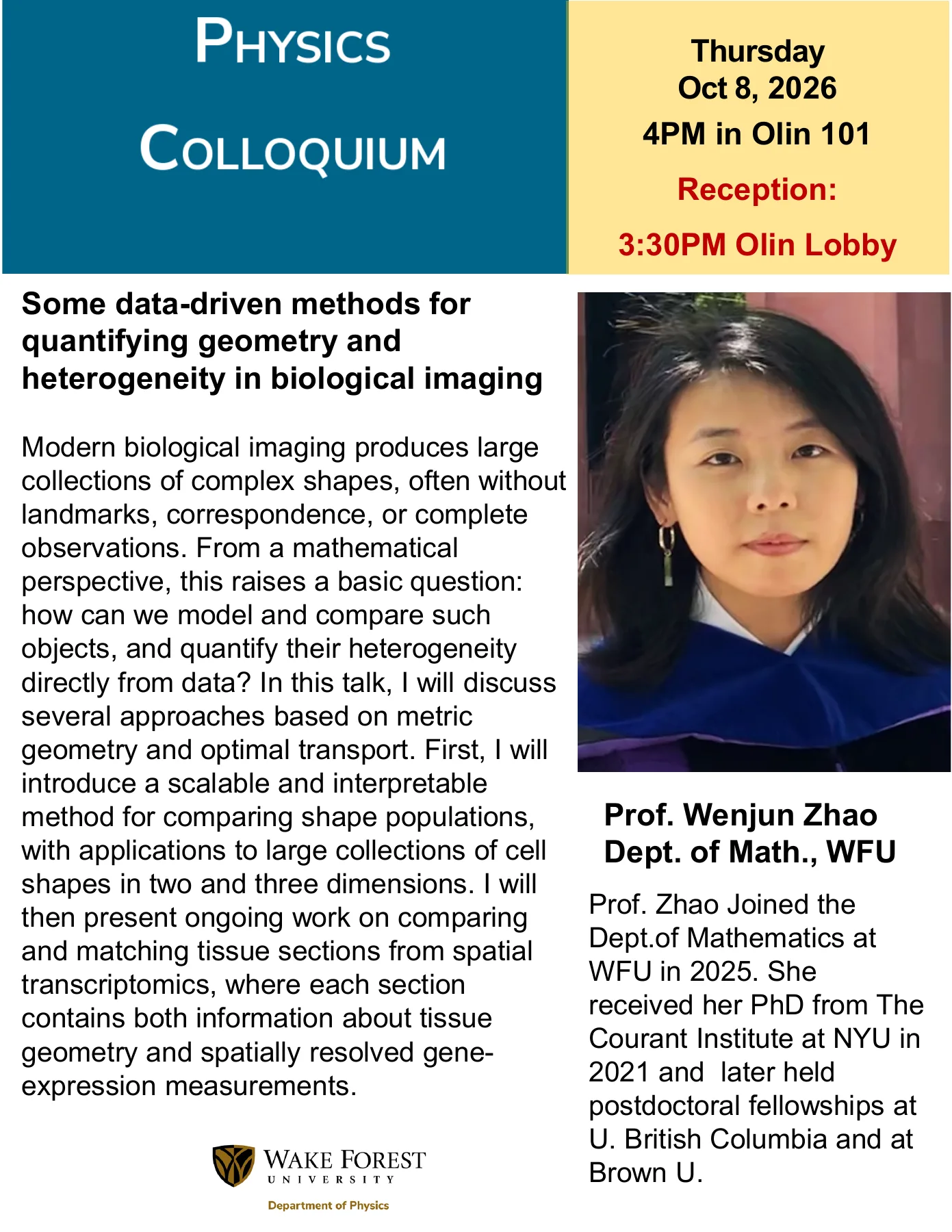 October 8 Physics Colloquium flyer for Prof. Wenjun Zhao; 4 p.m. in Olin 101, reception at 3:30 p.m. in Olin Lobby.