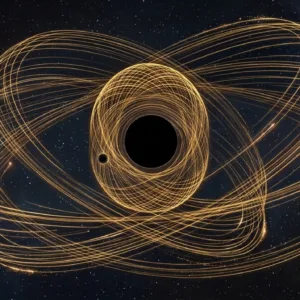 AI-generated illustration of a small compact object beside a supermassive black hole, surrounded by looping gold orbital paths against a star field. NASA and Wake Forest emblems appear at lower right. Conceptual illustration created with Gemini and supplied by Alejandro Cárdenas-Avendaño.