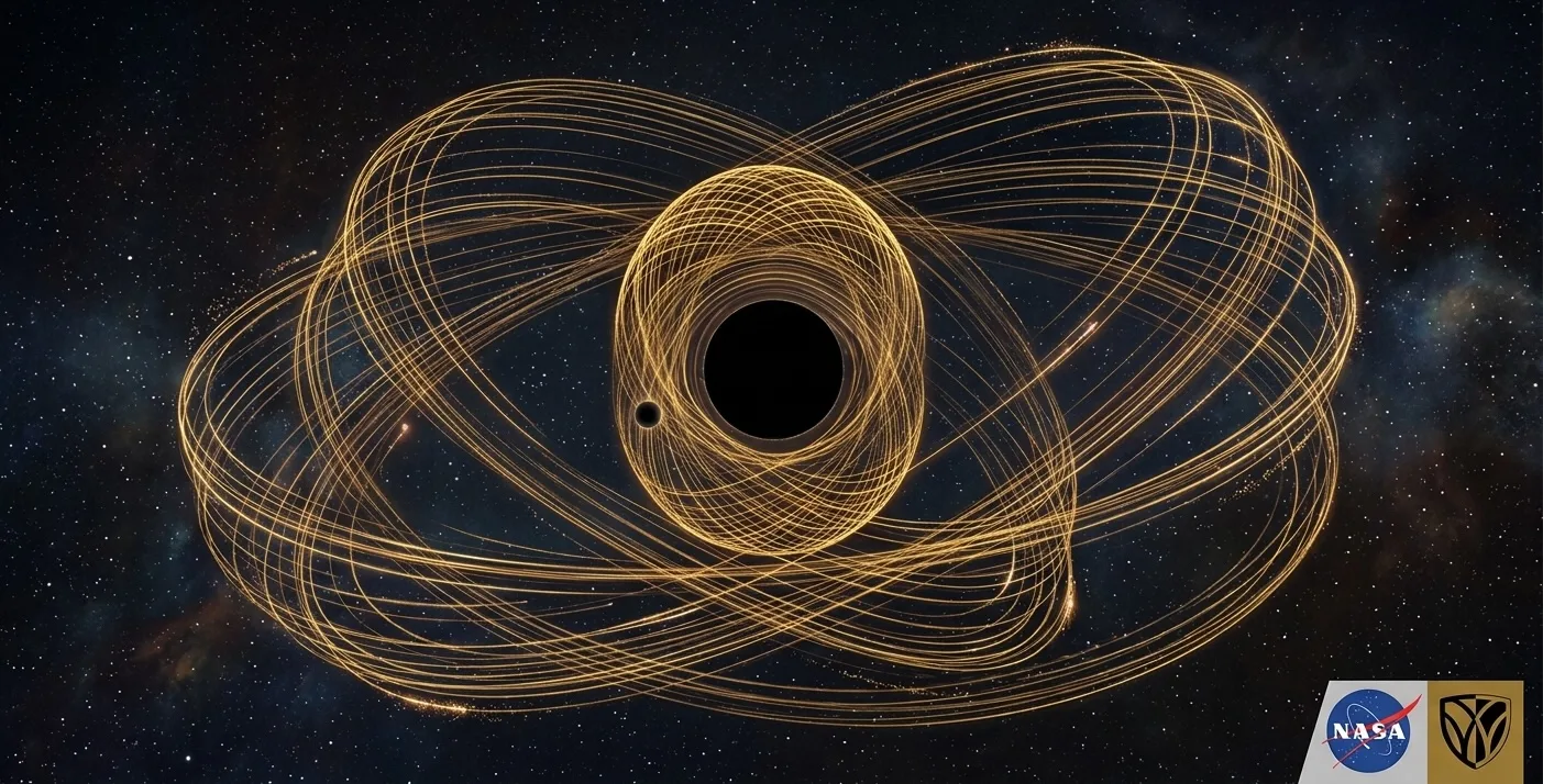 AI-generated illustration of a small compact object beside a supermassive black hole, surrounded by looping gold orbital paths against a star field. NASA and Wake Forest emblems appear at lower right. Conceptual illustration created with Gemini and supplied by Alejandro Cárdenas-Avendaño.