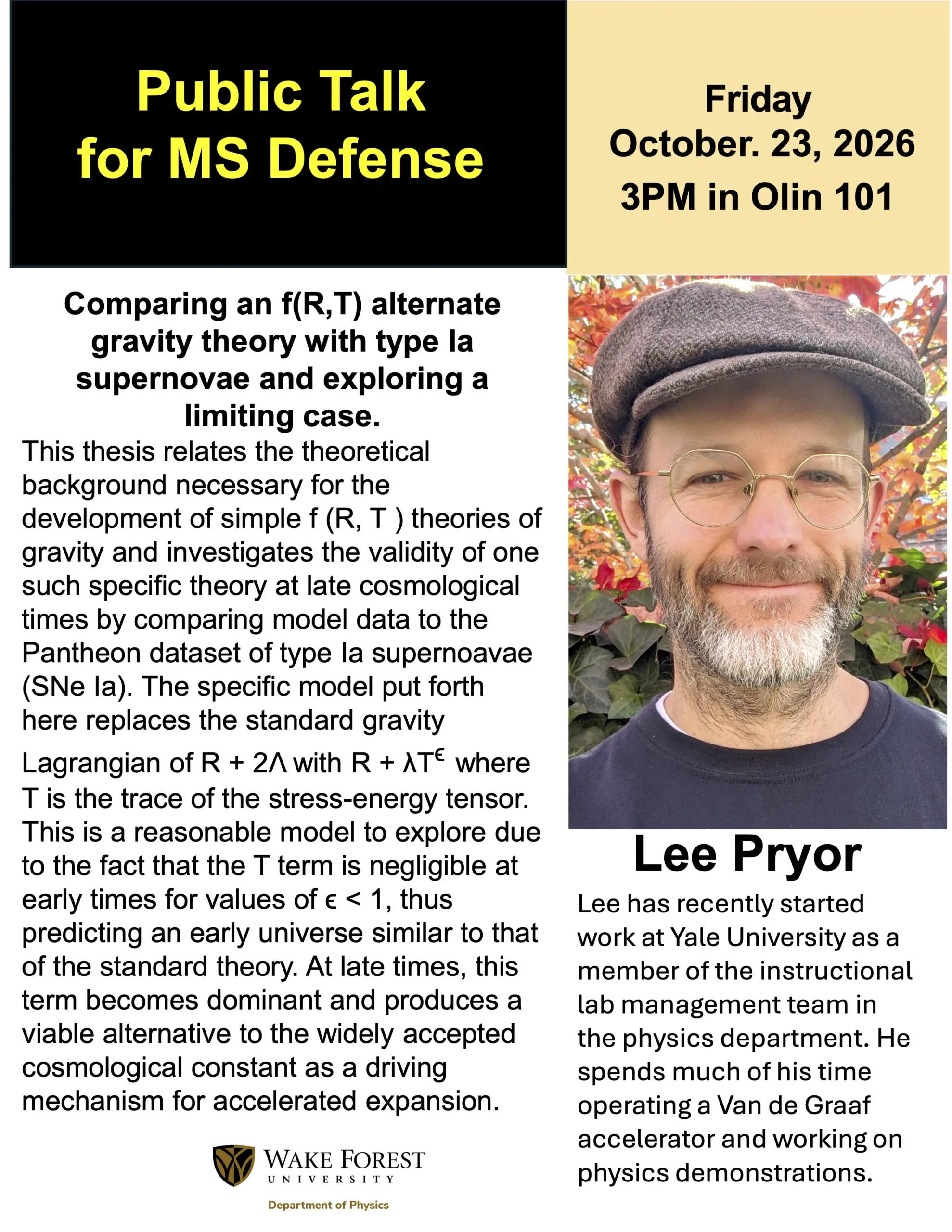 Flyer for Lee Pryor's M.S. defense public talk, Friday, October 23, 2026, at 3 p.m. in Olin 101, with his photograph and research abstract.