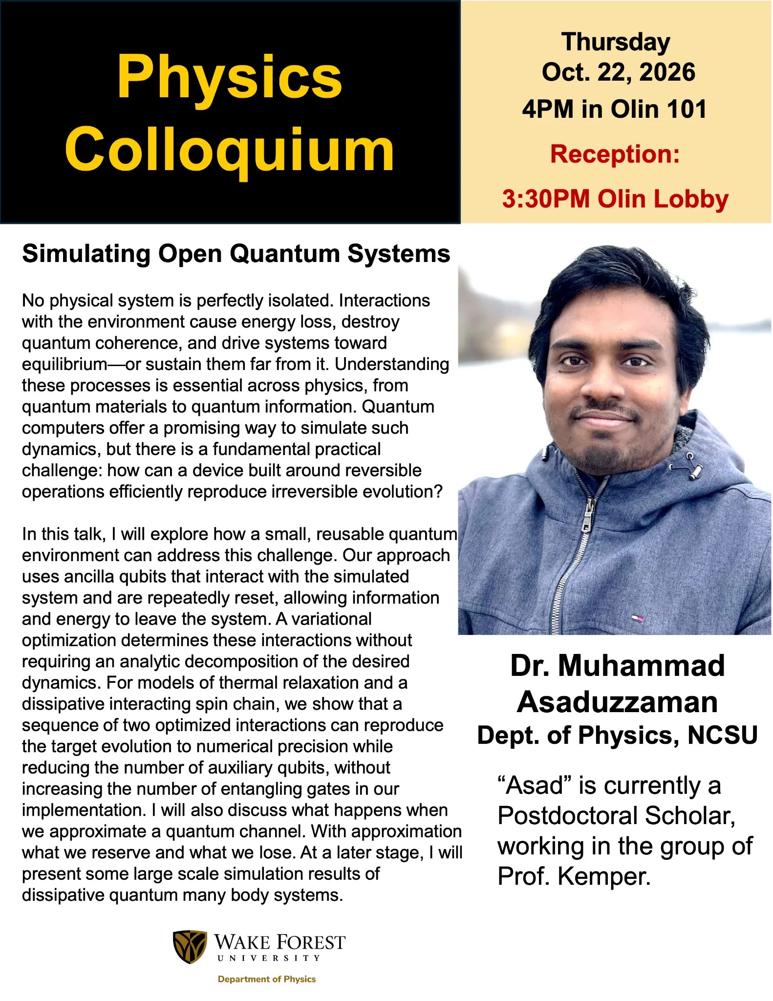 Physics Colloquium flyer with Dr. Muhammad Asaduzzaman’s portrait. “Simulating Open Quantum Systems,” Thursday, October 22, 2026, 4 p.m. in Olin 101; reception at 3:30 p.m. in the Olin lobby. Speaker: Department of Physics, NCSU. The flyer includes the research abstract.