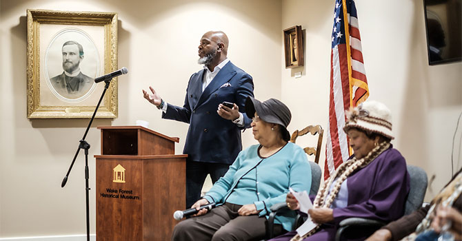 Wake Forest School of Divinity professor Derek Hicks takes the students in his African American Religious Experience class to visit the old Wake Forest campus in the town of Wake Forest, NC