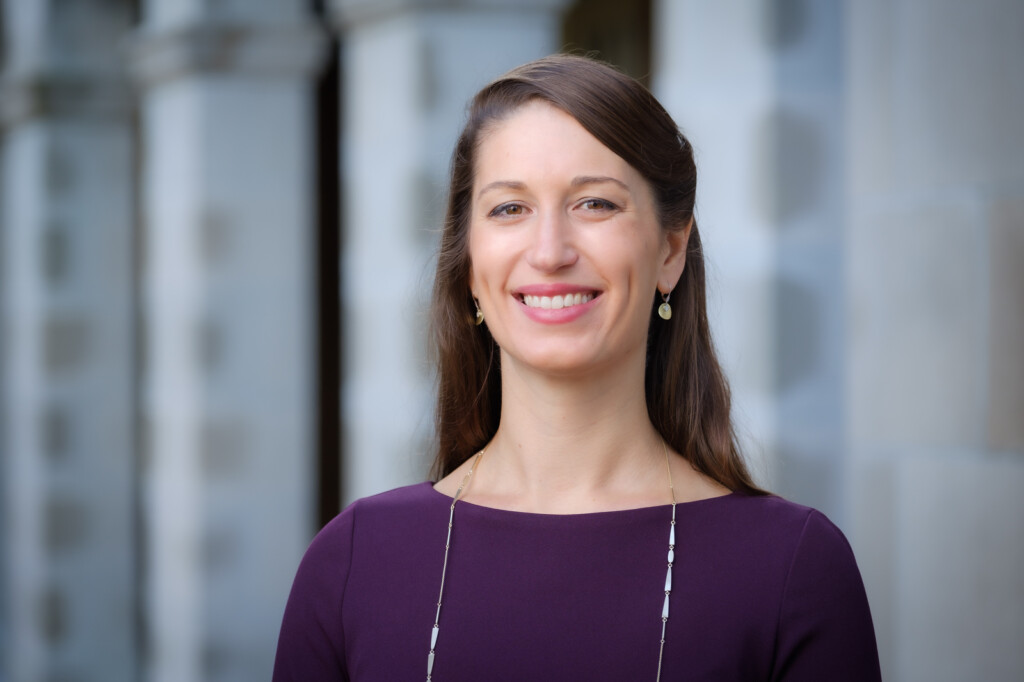 Jackie Sheridan, the Director of Wake Forest Scholars, poses outside Reynolda Hall on Friday, August 13, 2021.