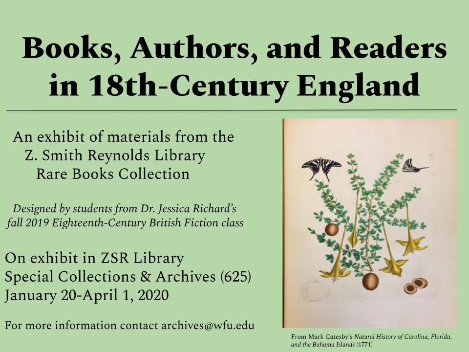 Poster for Rare Books Exhibit titled Books Authors and Readers in 18th century England 