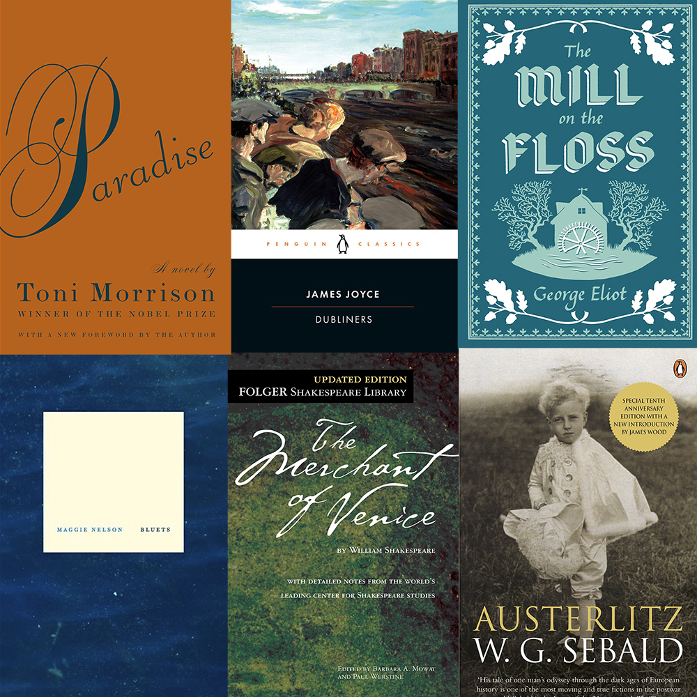 A collage of the covers of six books: Toni Morrison's Paradise, James Joyce's Dubliners, George Eliot's Mill on the Floss, Maggie Nelson's Bluets, Shakespeare's Merchant of Venice, and Sebald's Austerlitz. 