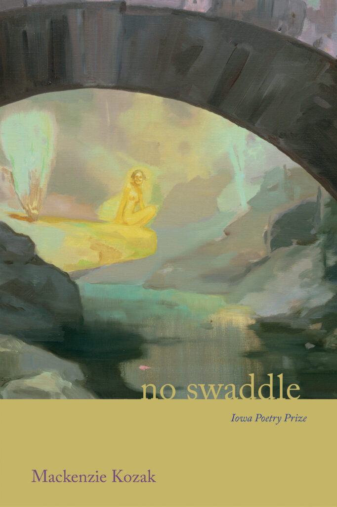 Cover image of no swaddle. The cover is painted with visible brushstrokes, and features a golden and glowing humanoid figure sitting on a yellow outcropping over a grey and rocky river. The title, author name, and publisher are listed at the bottom of the cover.