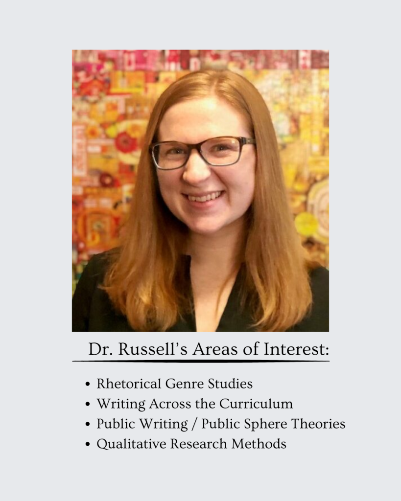 Dr. Alisa Russell smiles in front of a colorful background. Text underneath her photograph reads "Dr. Russell's areas of interest: rhetorical genre studies, writing across the curriculum, public writing/public sphere theories, qualitative research methods."