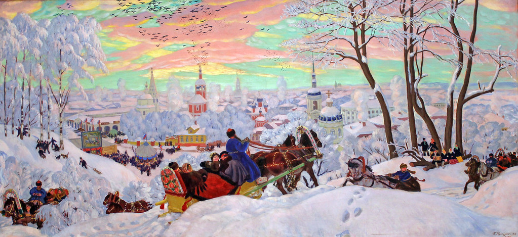 A brightly colored painting by Boris Kustodiev of Maslenitsa