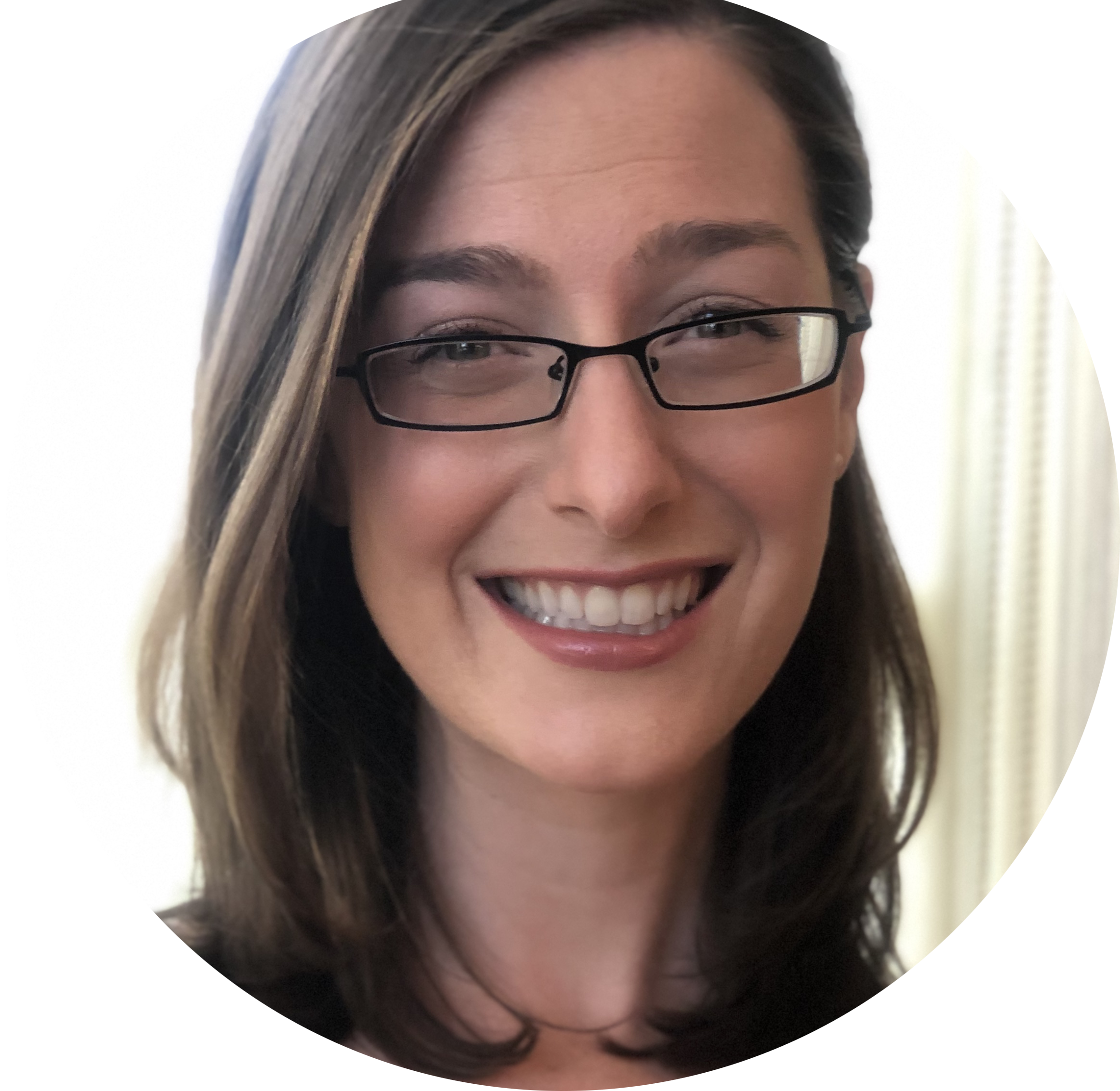 Profile picture of V. Sophie Klein: a white woman with shoulder-length straight brown hair with blonde highlights. She is smiling and wearing glasses.
