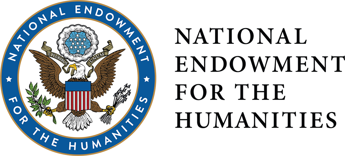 The official logo of the NEH. On the right, in all caps, "National Endowment for the Humanities." On the left, the seal of the NEH: A blue circle with "National Endowment" in all caps along the upper half, a star at the left and right midpoints of the circle, and "for the Humanities" in all caps along the lower half. Within the circle, on a white background, is the coat of arms of the United States of America: a bald eagle looking to its right with wings and legs spread. Above its head, a circular white cloud surrounding a hexagonal blue sky with thirteen white stars in it. In its beak, a gold ribbon that flows out to the right and left sides of its head, reading, in all caps, E Pluribus Unum. On its breast, a shield with a horizontal blue rectangle at top and 13 vertical stripes below, 7 white, 6 red. In its right talons, an olive branch. In its left talons, a bunch of 13 arrows.