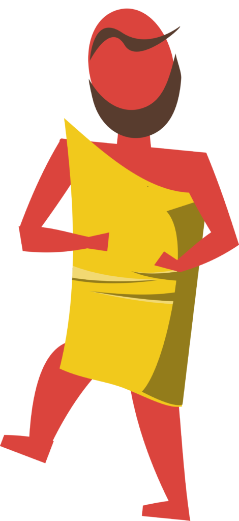 An Art Deco figure in bright colors representing an ancient Roman actor: a red-skinned bald person with a beard and asymmetrical eyebrow, wearing a yellow toga, on a sky-blue background. Art by Kevin Quigley.