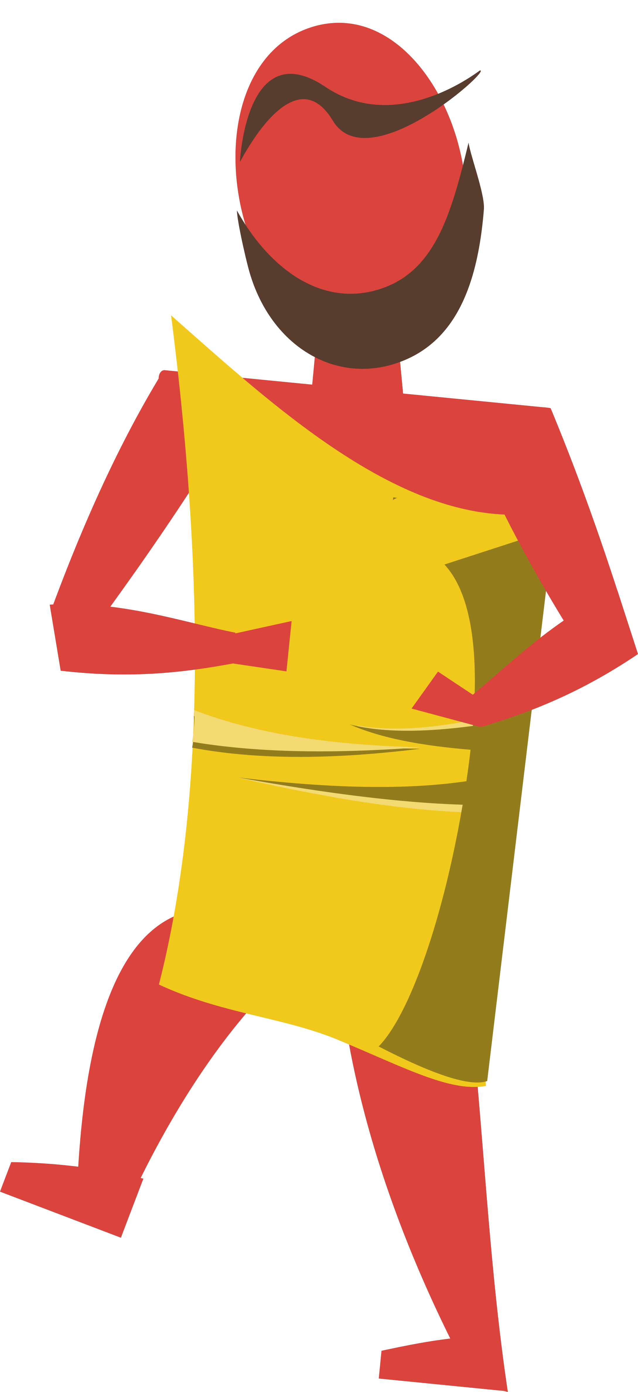 An Art Deco figure in bright colors representing an ancient Roman actor: a red-skinned bald person with a beard and asymmetrical eyebrow, wearing a yellow toga, on a sky-blue background. Art by Kevin Quigley.