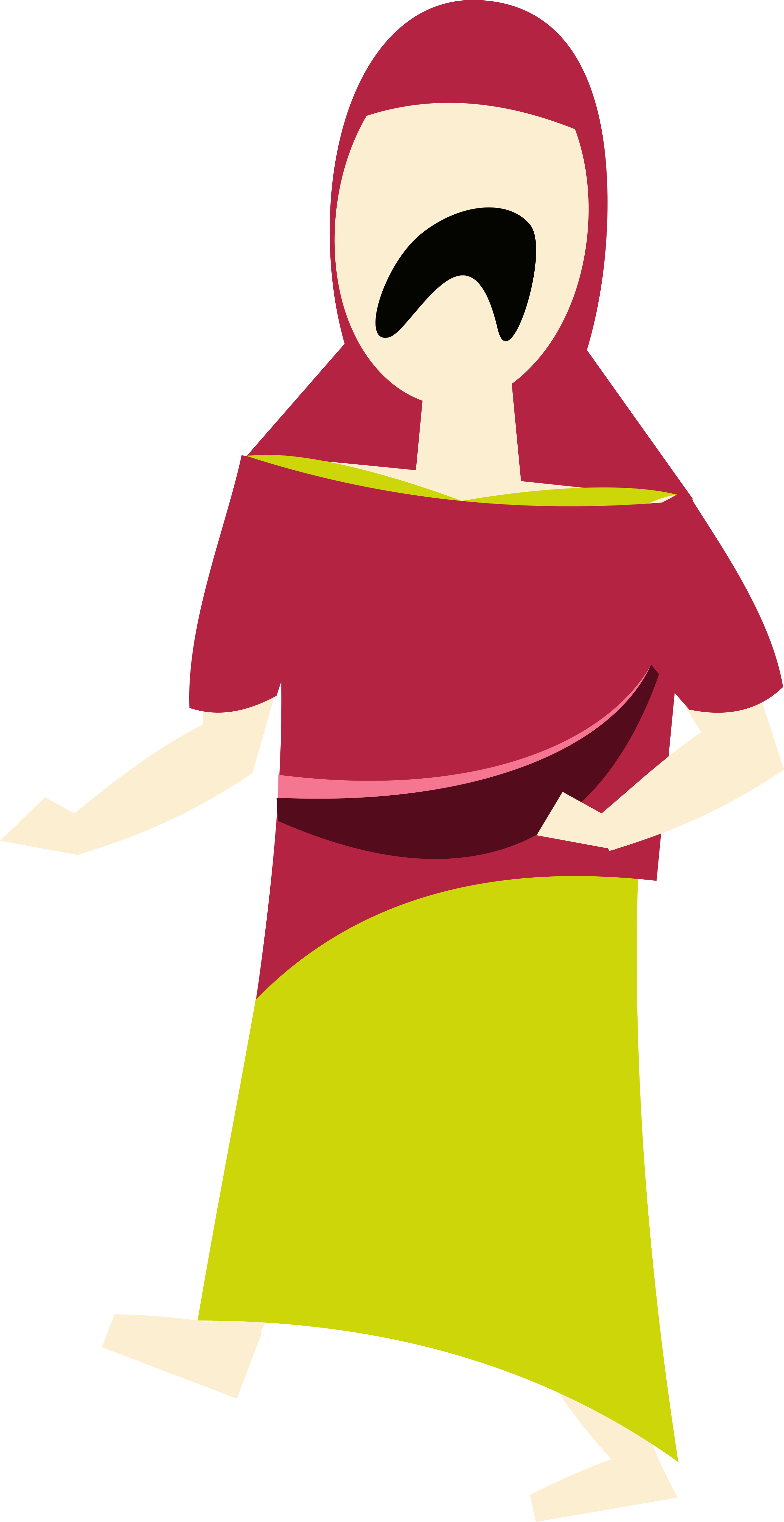 An Art Deco figure in bright colors representing an ancient Roman actor: a light-skinned figure wearing red palla and head covering with Green skirt with a big frown, on a red background. Art by Kevin Quigley.