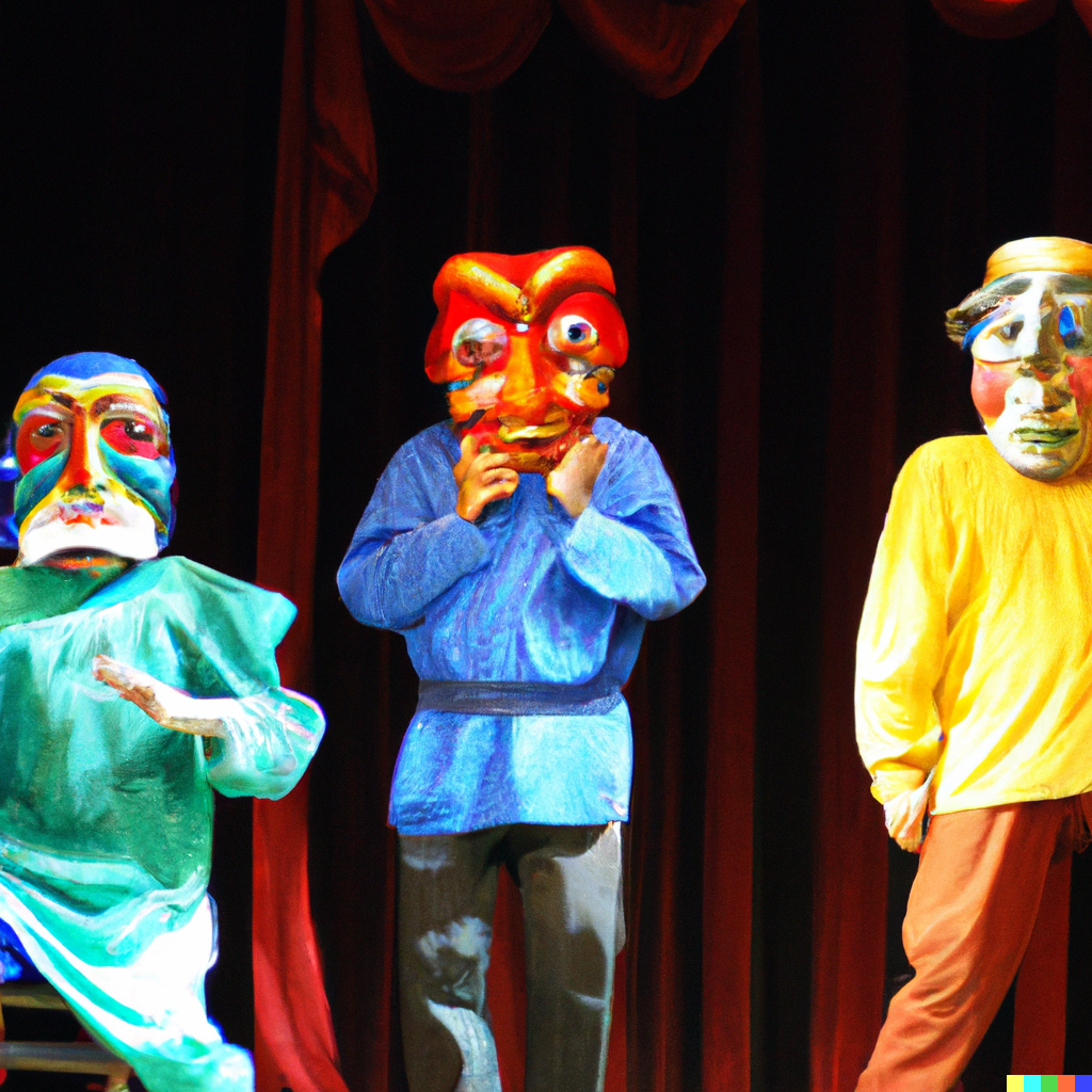 A digital painting generated by DALL•E of three masked actors on stage. The actors are wearing brightly colored tunics (teal, blue, yellow). The masks cover their faces and are much larger than normal heads. The one on the left is red, blue, teal, yellow, and white. The one in the middle is red and yellow. The one on the right is white, red, yellow, and blue.