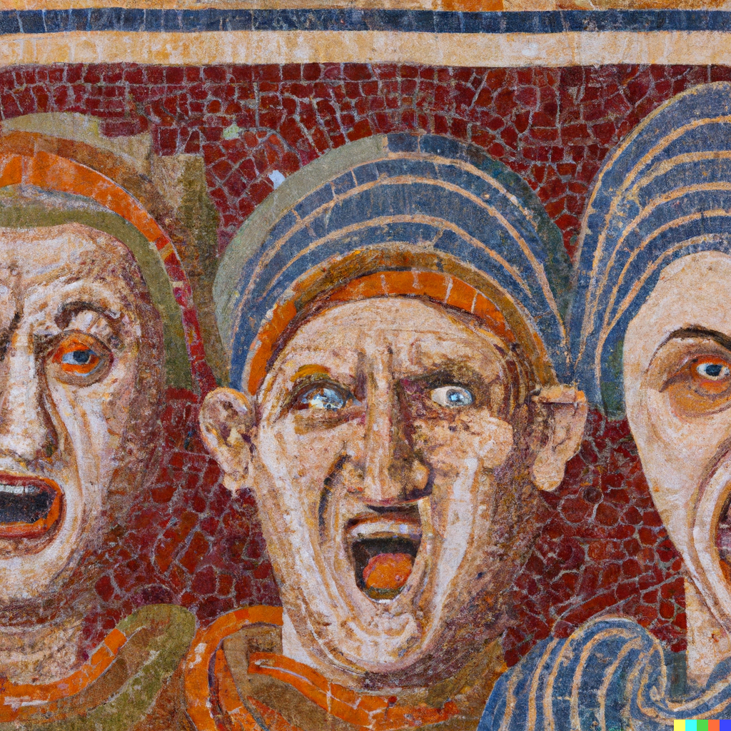 An image generated by DALL•E of an ancient mosaic of comic masks. There are three masks. The left and right are partially cut off. The background is red. The masks have pale skin, wide-open mouths, big noses, and piercing eyes.