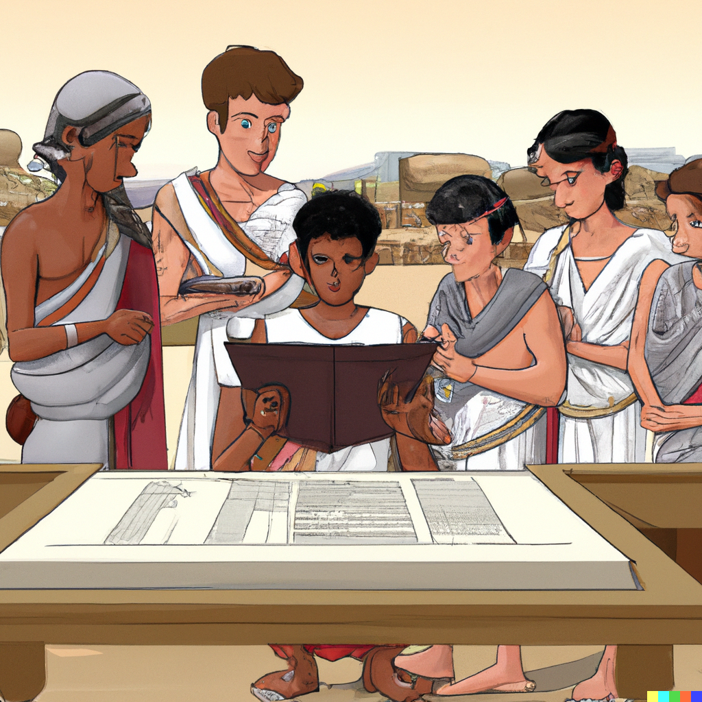 A digital drawing generated by DALL•E of six young Romans gathered around a papyrus roll. They have varying skin tones. They are all wearing togas or tunics. The one in the middle is seated, holding the roll. The rest are standing. There is a table in front of them with a chart or map on it. The background is an empty plain with boulders or buildings in the distance.