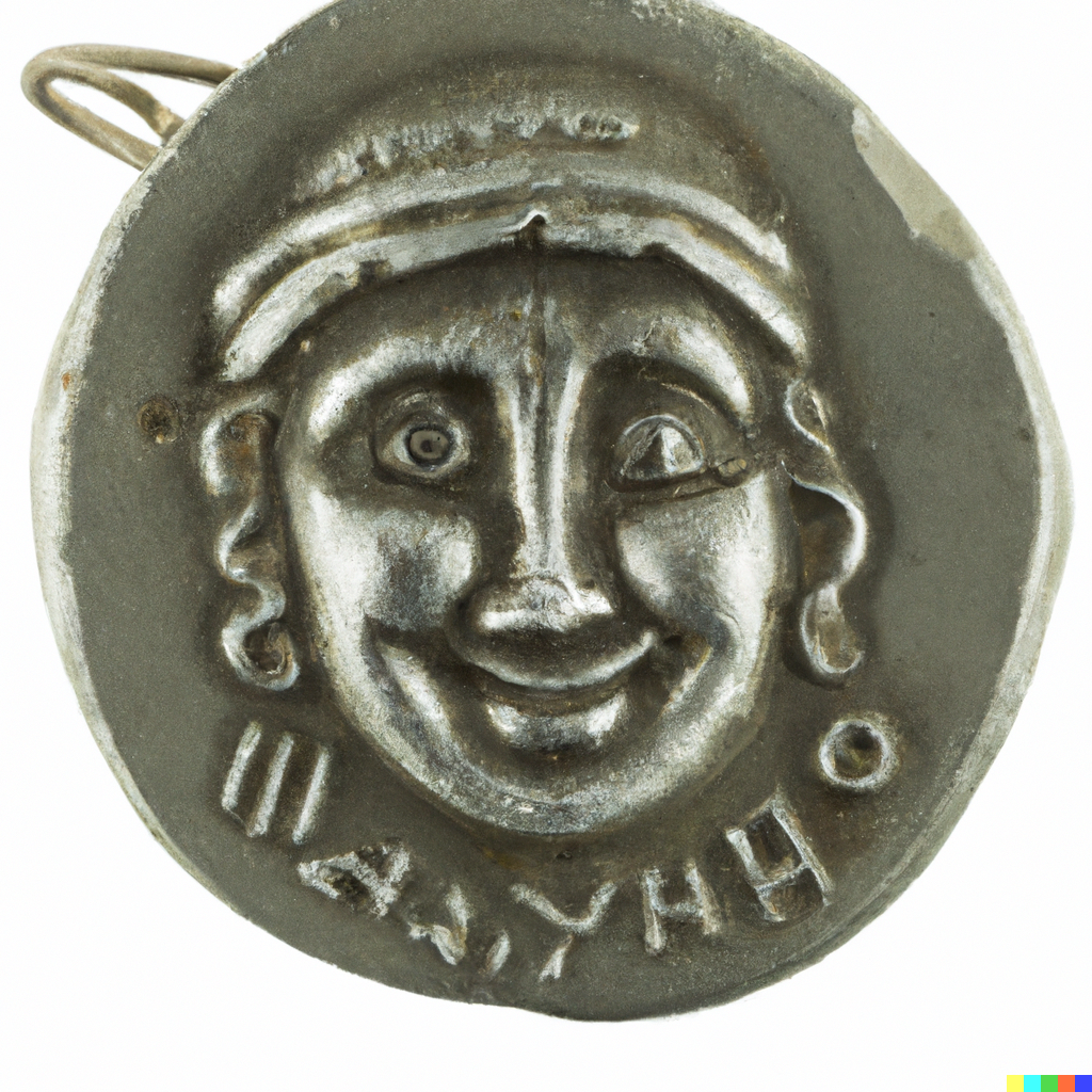 An image generated by DALL•E of an ancient coin depicting a comic mask. There are gibberish letters running around the bottom of the coin.