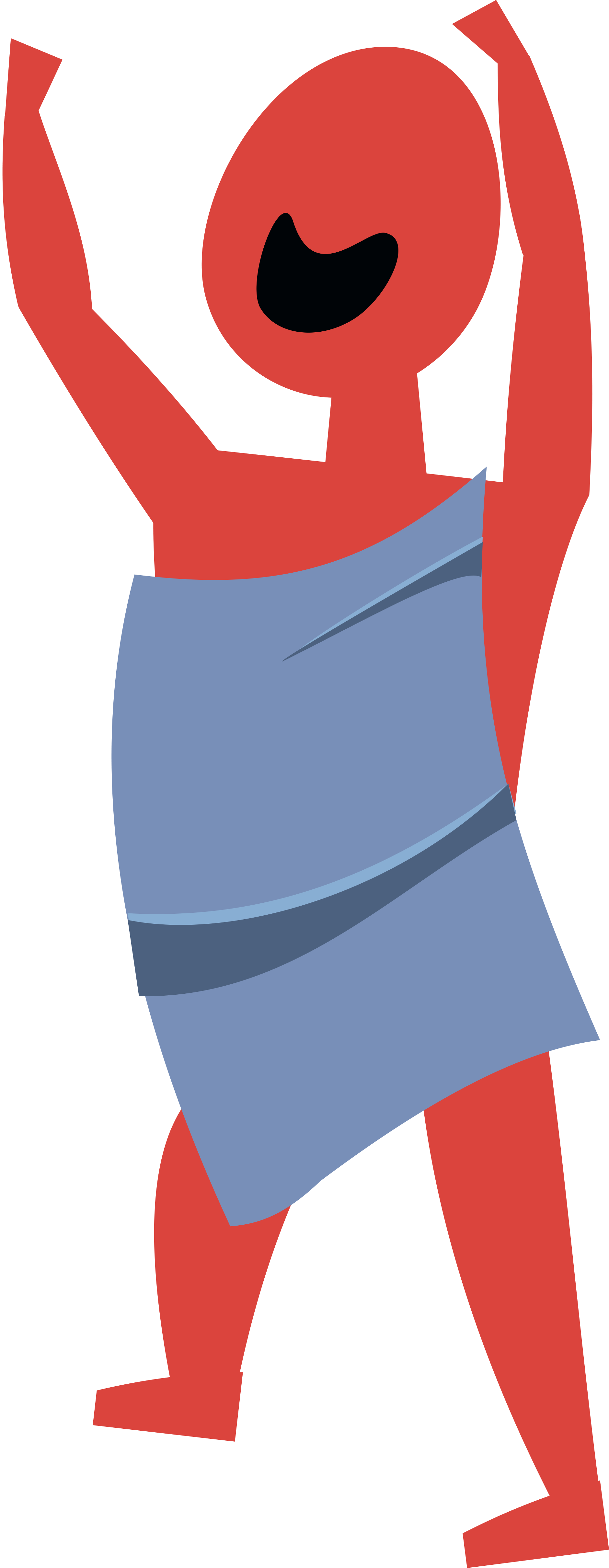 An Art Deco figure in bright colors representing an ancient Roman actor: a red-skinned bald beardless person with a big smile and a blue toga with arms stretched overhead, on a mustard background. Art by Kevin Quigley.