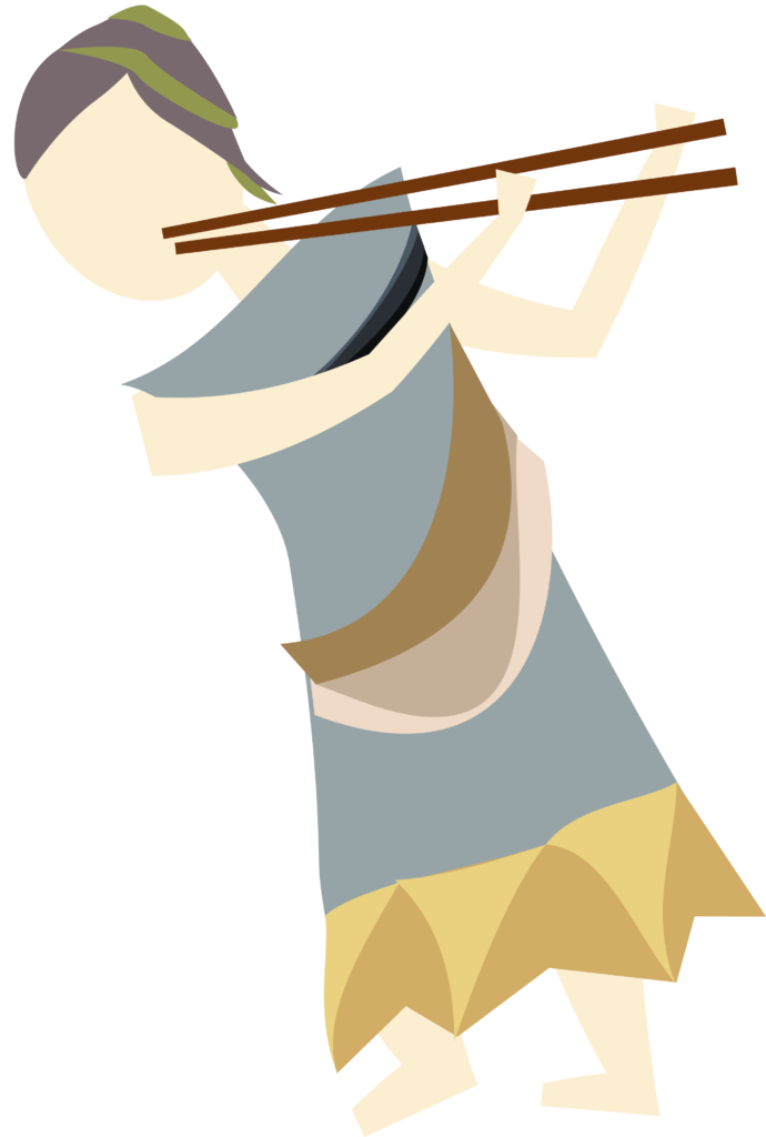An Art Deco figure in bright colors representing an ancient Roman actor: a light-skinned person with brown hair and a slate palla playing the double pipes on a green background. Art by Kevin Quigley.