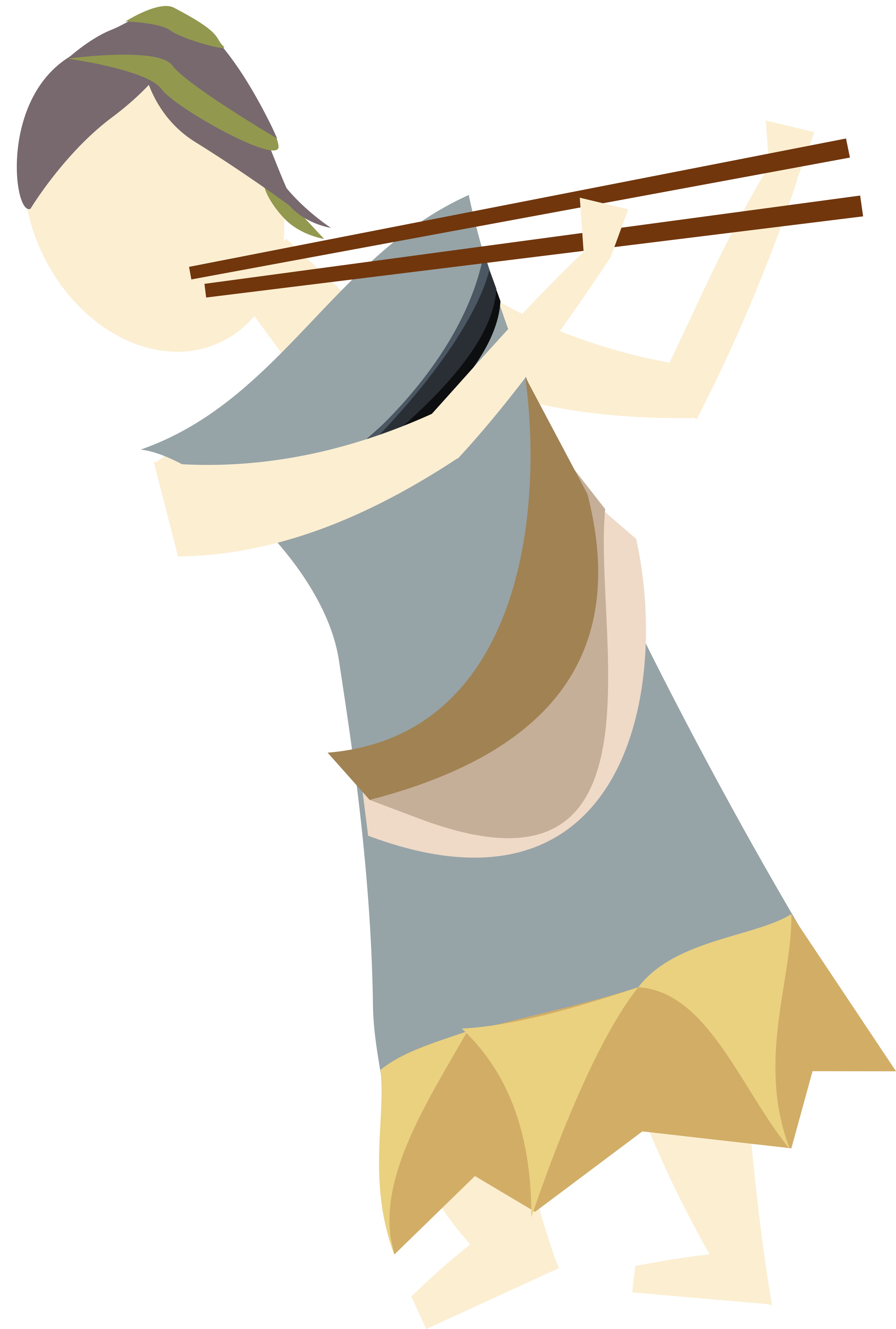 An Art Deco figure in bright colors representing an ancient Roman actor: a light-skinned person with brown hair and a slate palla playing the double pipes on a green background. Art by Kevin Quigley.