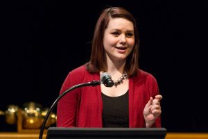 Sarah VanSickle at the podium