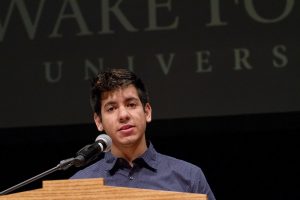 Richard Cabin-Cubero gives his senior oration during Wake Forest University's Founder's Day Convocation on Thursday, February 16, 2017. The ceremony was held in Wait Chapel