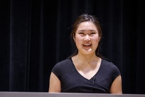 Wake Forest senior Julianne Zhu (’21) gives the Senior Oration in Pugh Auditorium on Friday, February 5, 2021. Convocation was filmed for a virtual presentation this year due to the COVID-19 pandemic.